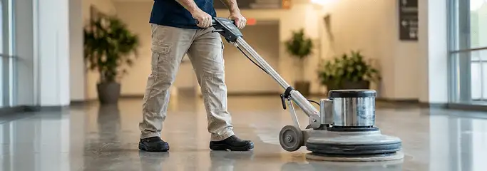 Professional technician using an industrial floor buffer to polish and maintain shiny commercial flooring in a corporate hallway in Stamford, CT.
