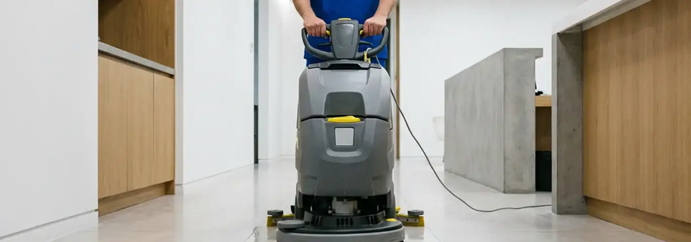 Janitorial staff using a floor scrubber machine to clean a commercial hallway, Stamford, CT.