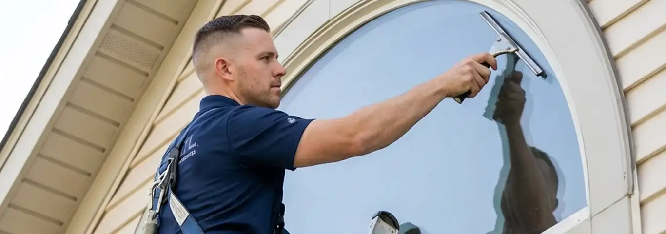 Professional window cleaner using a squeegee to clean an exterior arched window on a home, Stamford, CT.