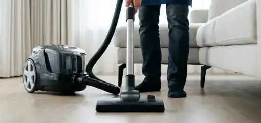 Professional house cleaner vacuuming a living room floor with a canister vacuum cleaner, Stamford, CT.
