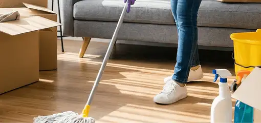 Move-out cleaning setup with a cleaner mopping hardwood floors near moving boxes and cleaning supplies, Stamford, CT.