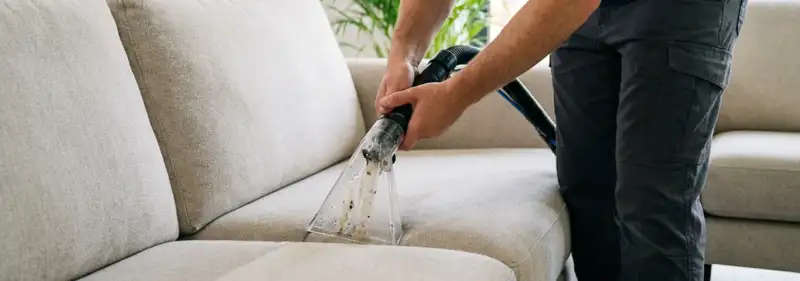 Technician extracting dirt and moisture from a fabric sofa with an upholstery cleaning wand, Stamford, CT.
