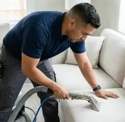 Professional upholstery cleaning technician using an extraction wand to deep-clean a fabric sofa, Stamford, CT.