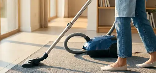 Person vacuuming a living room rug with a canister vacuum cleaner near large windows, Stamford, CT.